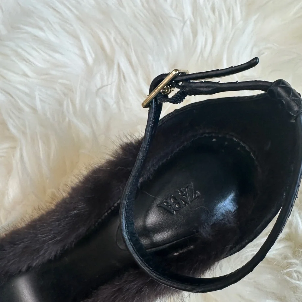 Zara Black and Brown Fur-Trimmed Sandals